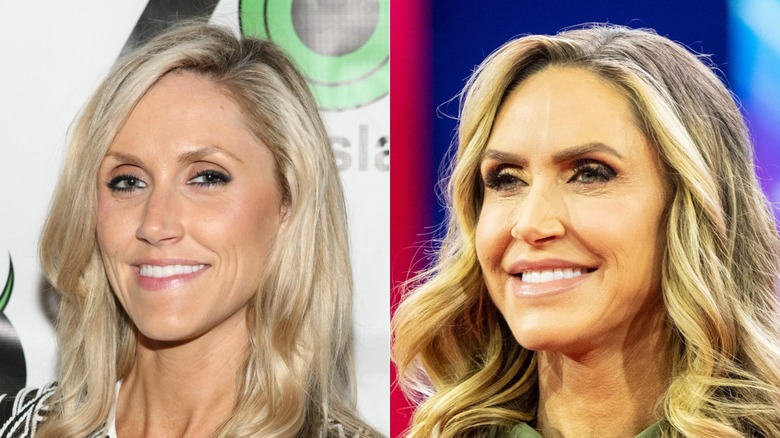 Lara Trump in 2013 before plastic surgery rumors vs Lara Trump in 2024 after plastic surgery rumours, both images showing an unchanged jawline