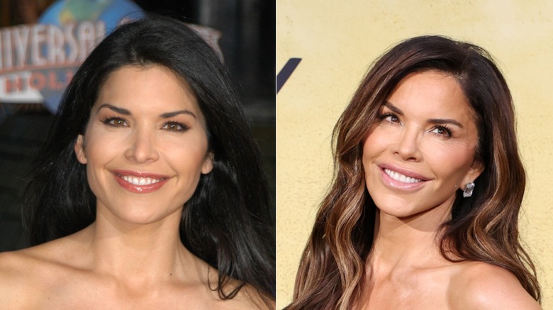 Lauren Sanchez in 2003 with black hair and 2025 with highlights