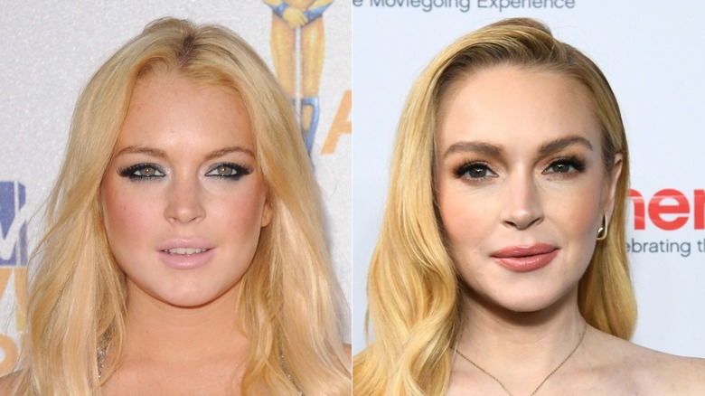 Lindsay Lohan posing on red carpets in 2010 and 2025