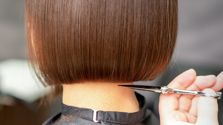 scissors cutting short brown hair