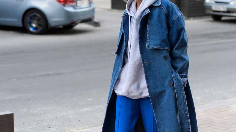 street style featuring a denim trenchcoat