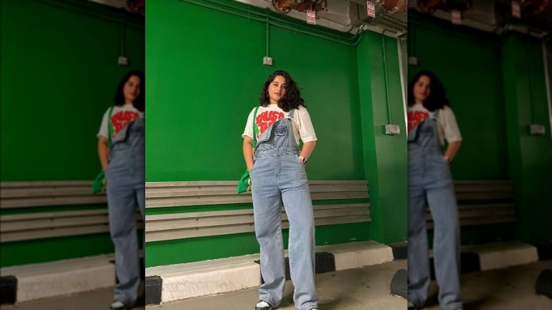 oversized tee and overalls