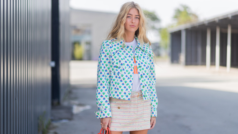 patterned miniskirt with blazer