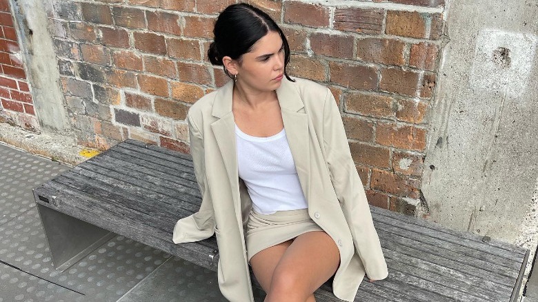 beige oversized blazer miniskirt