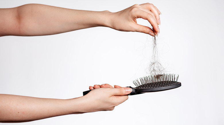 woman holding hair-filled brush