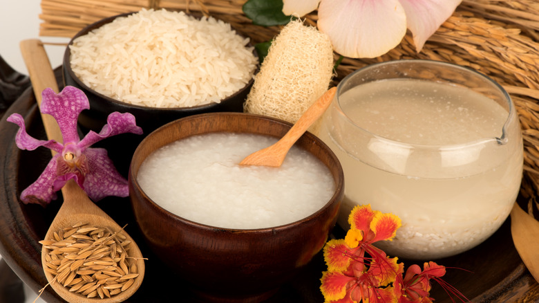 bowls with rice and rice water