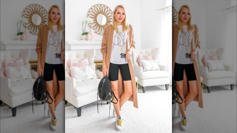 Bike shorts with trench coat outfit