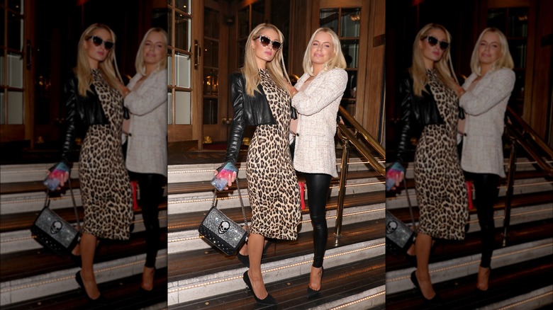 Paris Hilton dressed in animal print dress