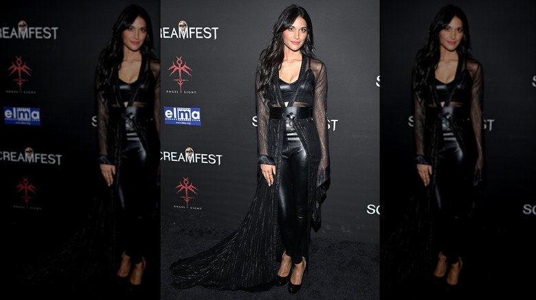 Woman wearing leather pants, leather bustier, sheer top