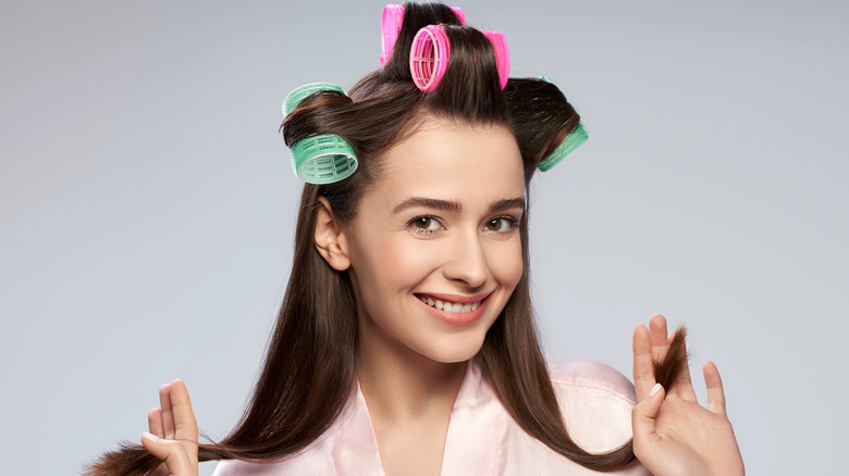 woman wearing velcro rollers