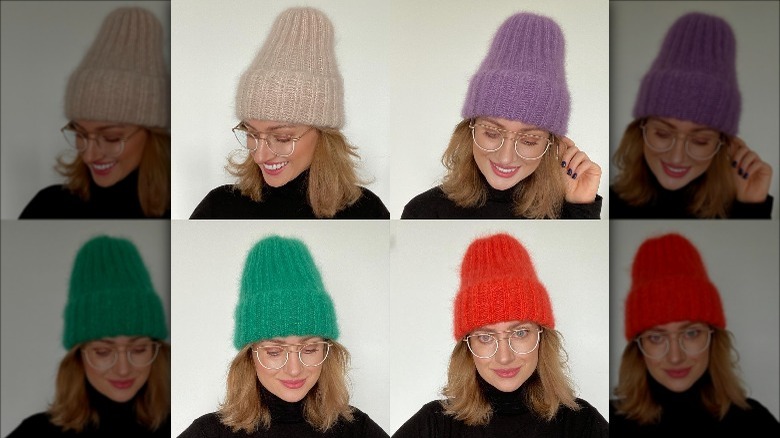 Girl wearing two mohair beanies.