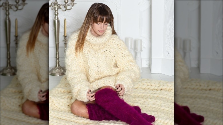 Girl wearing striped mohair sweater.