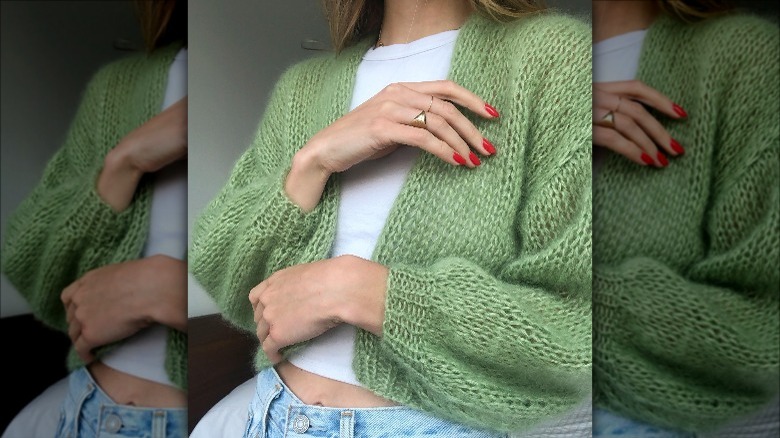 Girl in green mohair cardigan.