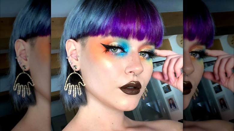 Woman with bowl cut mullet hairstyle