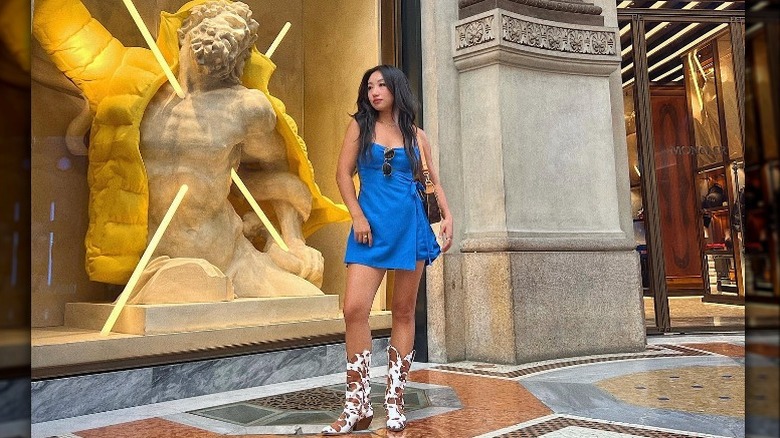 woman wearing blue mini dress