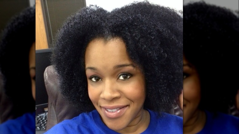 woman with blue shirt