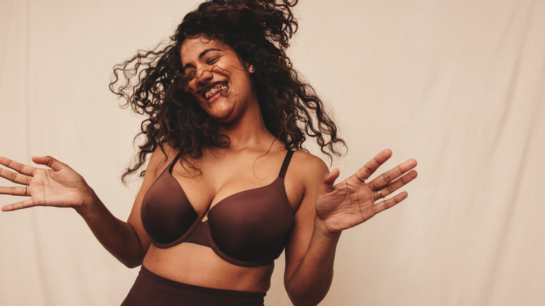 happy woman in bra