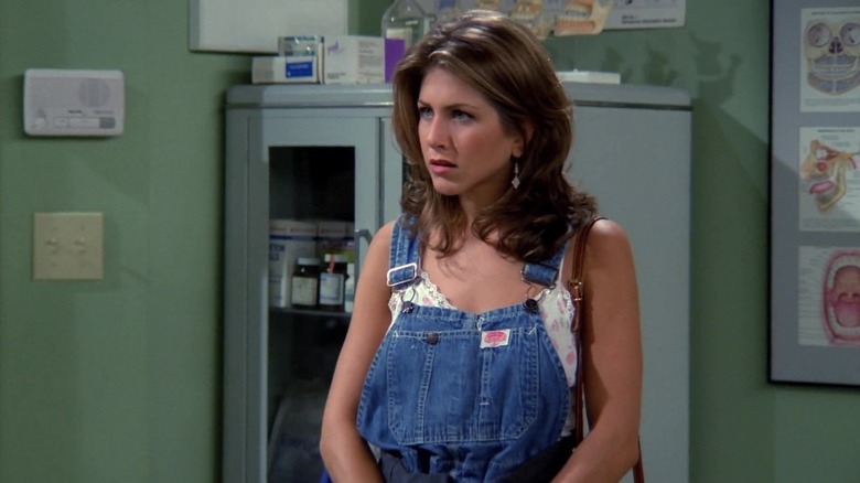 Rachel Green wearing overalls