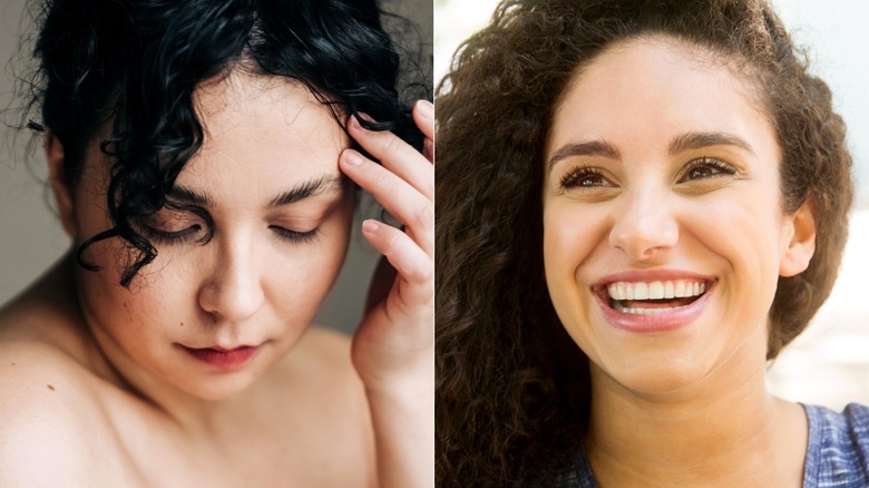 Side-by-side photos of women with dark hair and dark brown eyebrows.