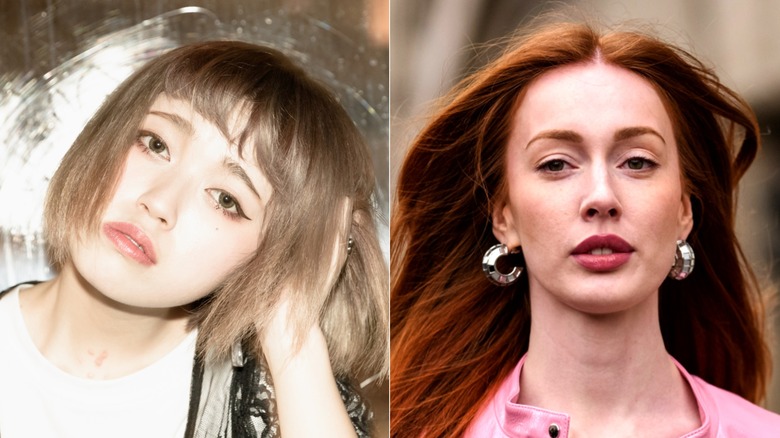 Side-by-side photos of blond and red-haired women with mid-tone eyebrows.