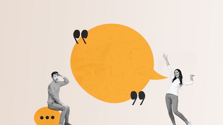 Woman talking big speech bubble and man scared