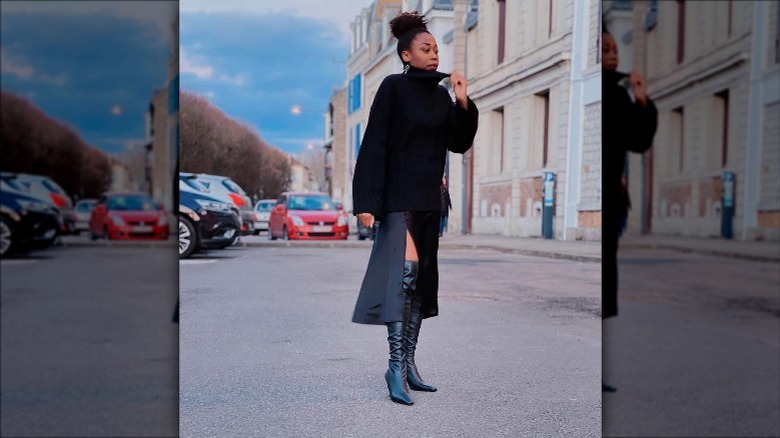 long boots, leather skirt