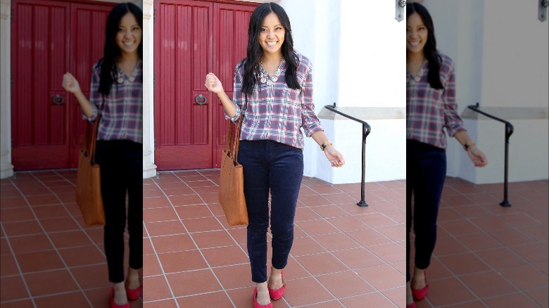 Plaid button down with blue corduroy pants.