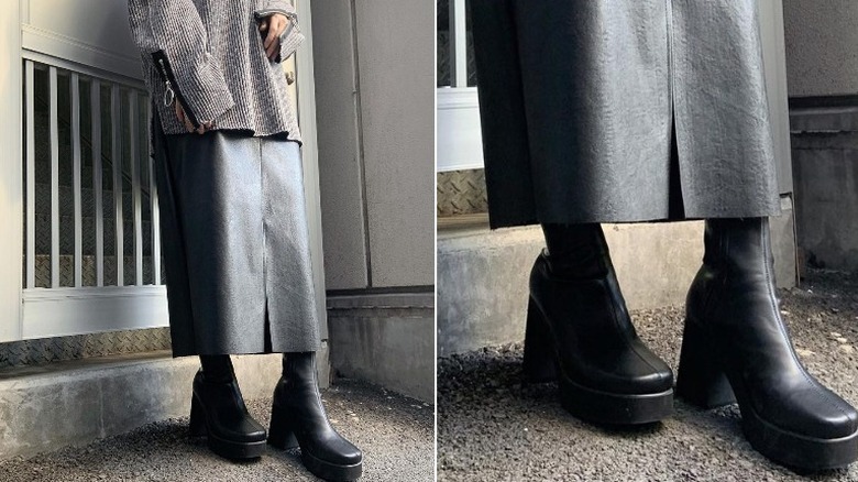 Woman models skirt, sweater, and platform boots