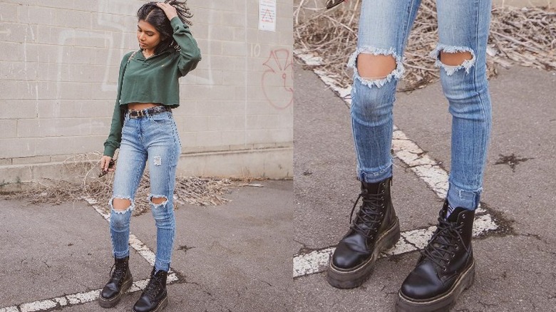 Woman models jeans, hoodie, and platform boots