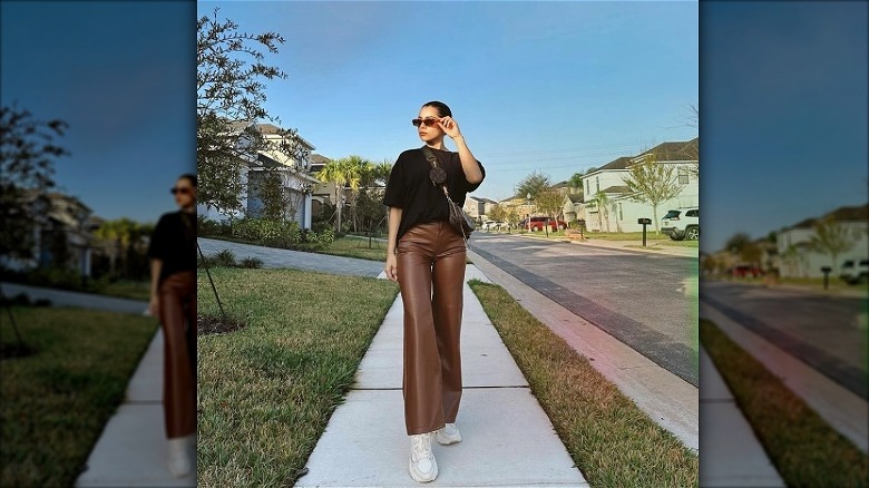 oversized t-shirt with leather pants