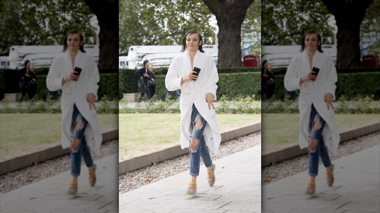 Model in robe and jeans