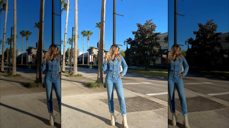 Girl wearing a denim jumpsuit