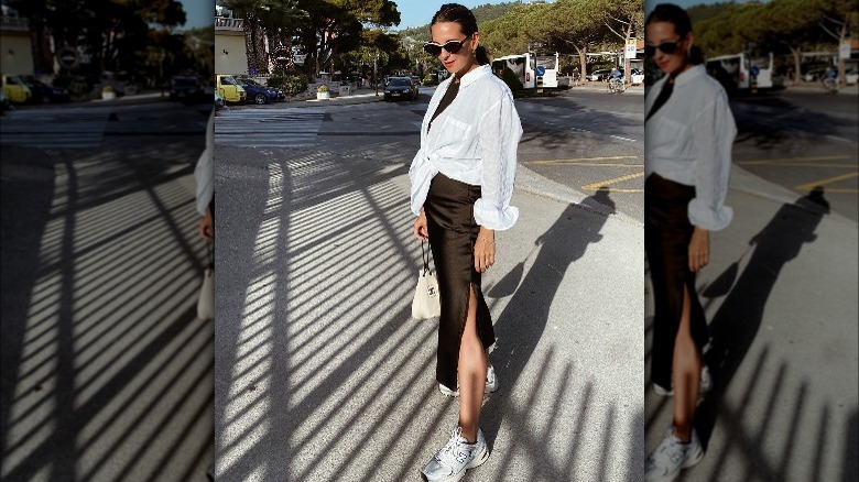 Girl with button-down over slip dress.