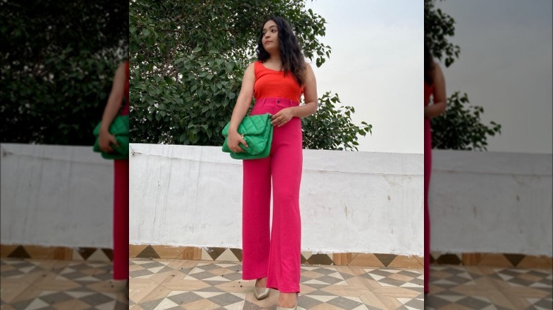 Pink, red, and green outfit