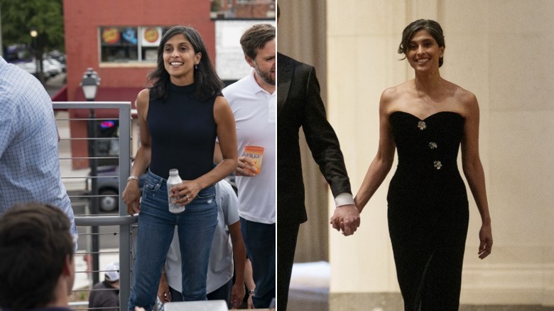 Usha Vance wearing black at a campaign stop and at a ball in Washington