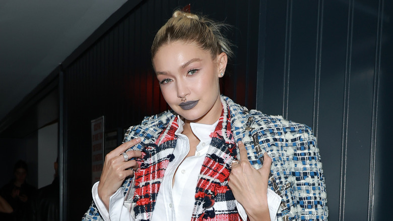 Gigi Hadid in a plaid jacket