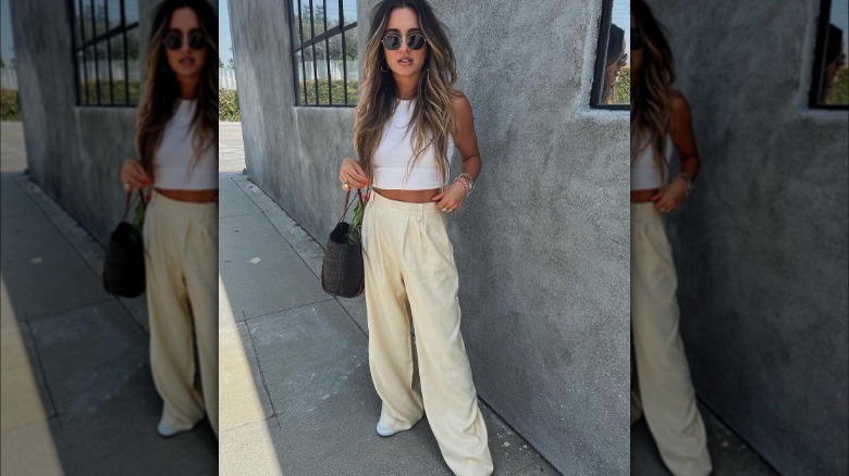 white crop top cream pants