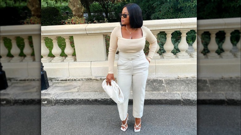 white and cream outfit