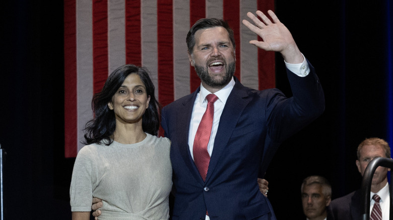 Pam Bondi in an inappropriate skirt walking on stage at a political rally