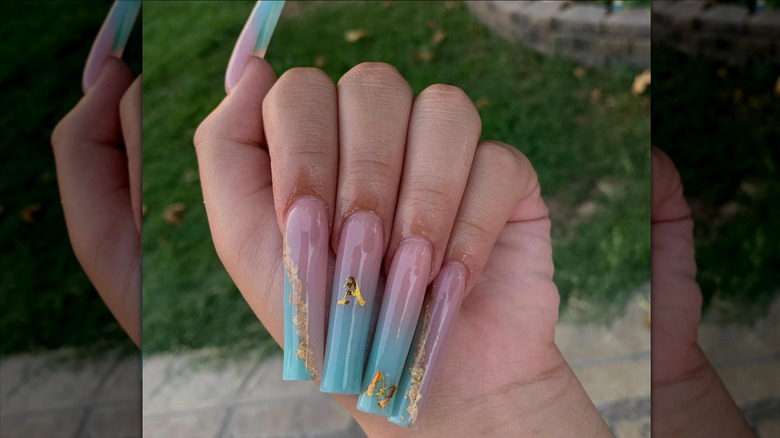 long turquoise-pink initial nails