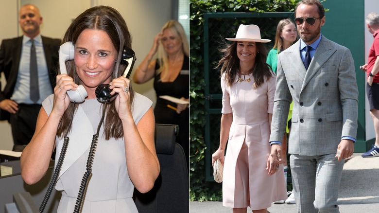 Pippa Middleton holding two phones and at Wimbledon with her brother James Middleton, and
