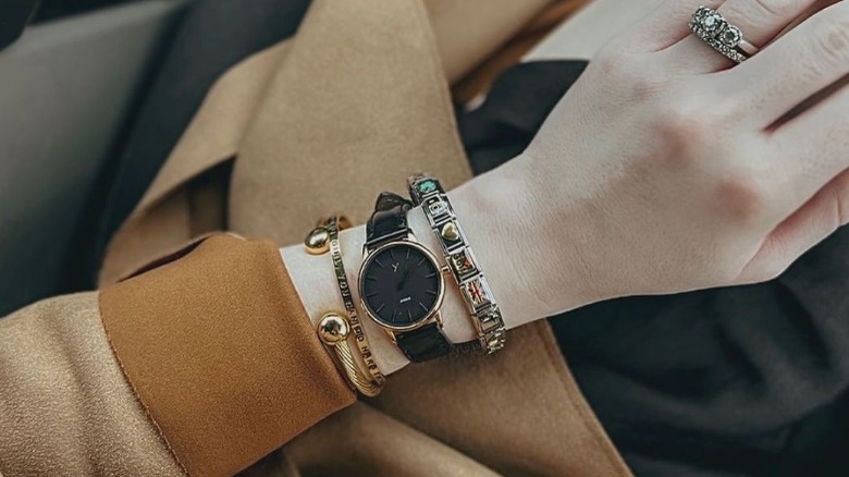 Italian charm bracelet mixed with watch and other bracelets 