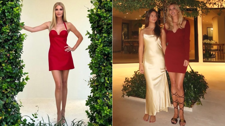 Ivanka Trump poses in a red dress in a photo she shared on Instagram on May 6, 2024 (2024); Ivanka Trump (R) smiles while posing with her daughter Arabella Kushner in a photo she posted on Instagram on December 8, 2025 (2025)