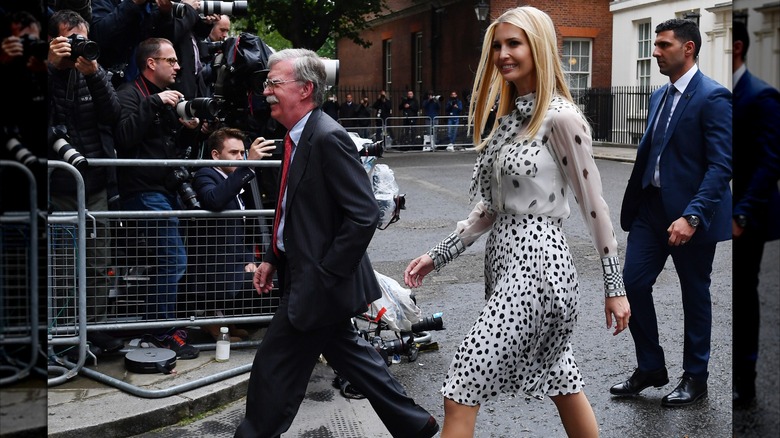Ivanka Trump in a polka-dot black and white outfit in London.