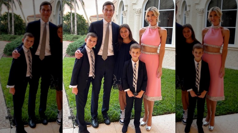 Ivanka Trump wearing an inappropriate two piece set with an exposed back to Tiffany Trump's rehearsal, standing with her husband and three children in formal attire