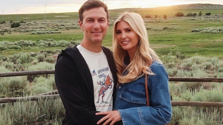 Ivanka Trump posing with her husband in a denim jacket in Wyoming