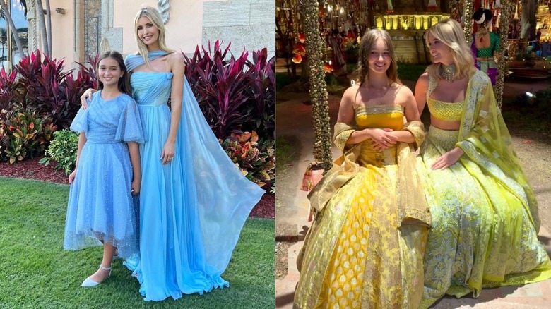 Ivanka and Arabella wearing matching blue outfits at Tiffany Trump's wedding (L) & Ivanka and Arabella wearing matching yellow saris at Anant Ambani and Radhika Merchant's wedding in India (R)