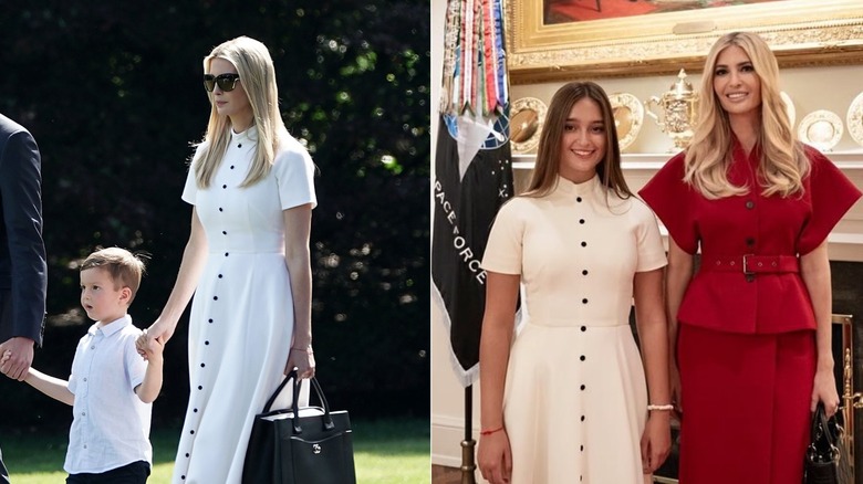 Ivanka Trump wearing a white Emilia Wickstead dress in 2018 (L) & Ivanka's daughter Arabella Kushner wearing the same Emilia Wickstead dress Ivanka wore in 2018 during a 2025 event  (R)