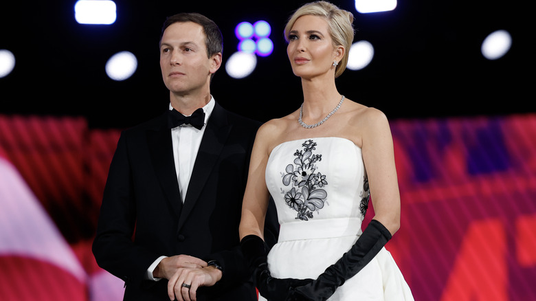 Ivanka Trump wearing a beautiful white-and-black dress with black gloves in honor of Donald Trump's 2025 inauguration