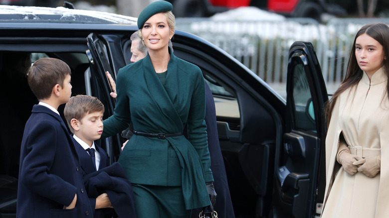 Ivanka Trump wearing a green skirt suit at the Trump inauguration
